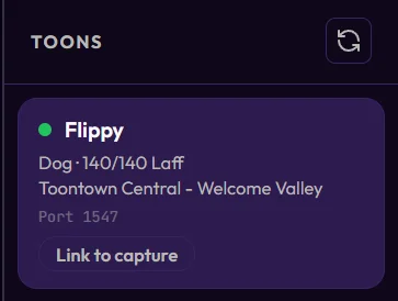 Toons sidebar showing connected toons